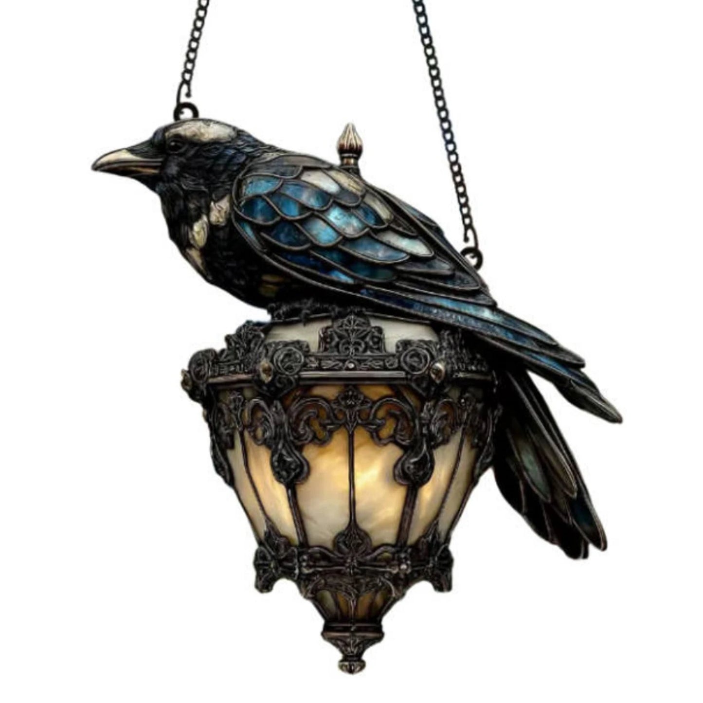 Decorative lamp shaped like a bird with stained glass design on a white background