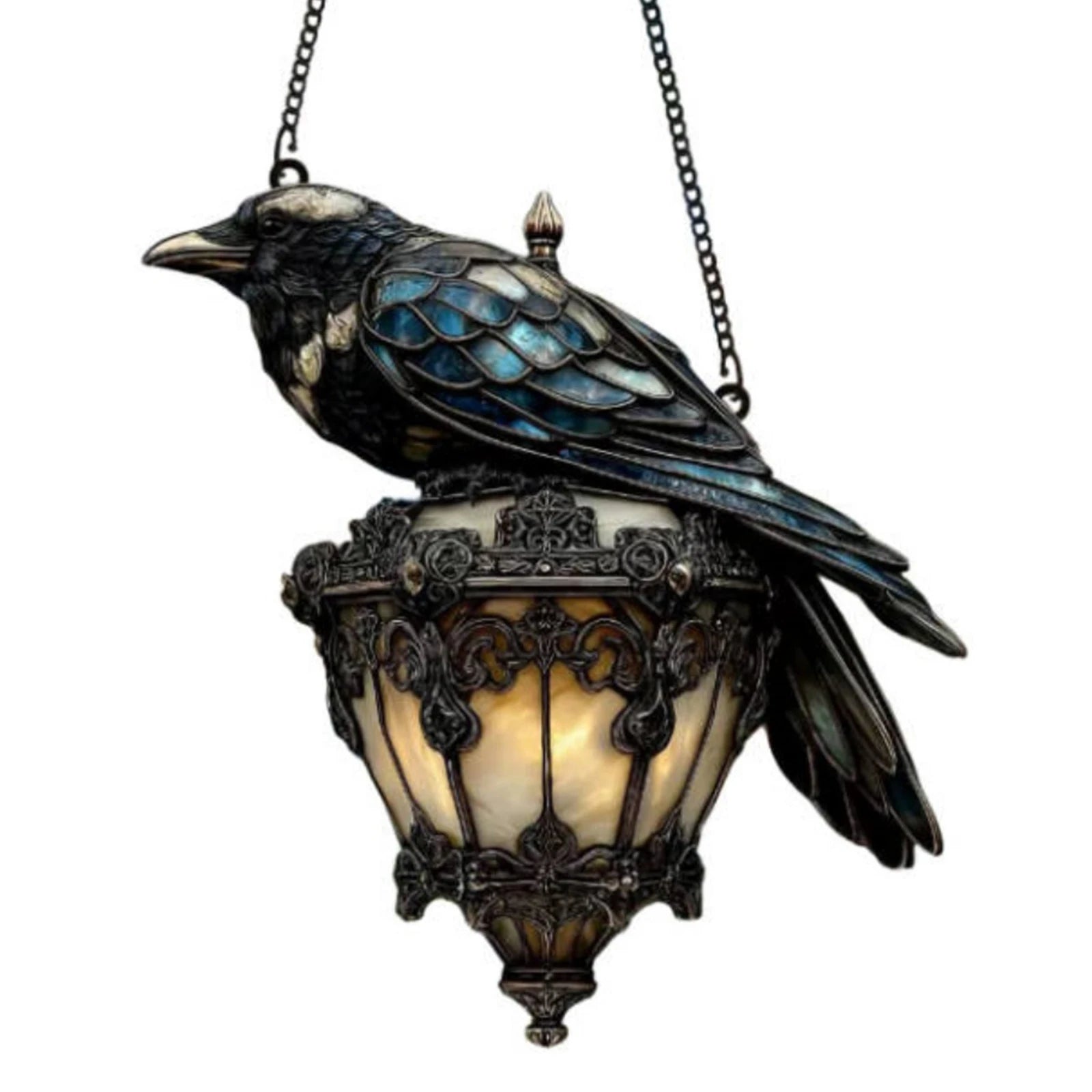 Decorative lamp shaped like a bird with stained glass design on a white background