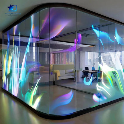 Modern office interior with colorful abstract wall art on glass panels.