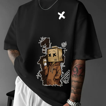 Herren T-Shirt aus 100% Baumwolle, modisch, leger, sportlich, locker, mit trendigem Puppen-Graffiti-Print und Rundhalsausschnitt, Kurzarm
