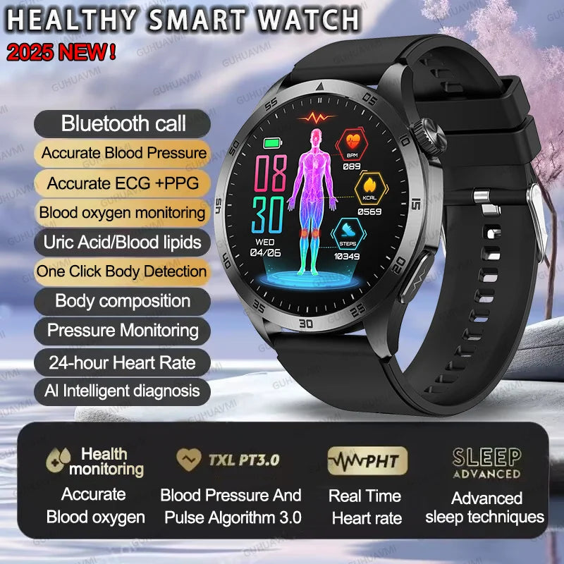 EKG-PPG-Smartwatch für Herren – Blutdruck-, Blutfett- und Harnsäuremonitor mit Bluetooth-Anruffunktion