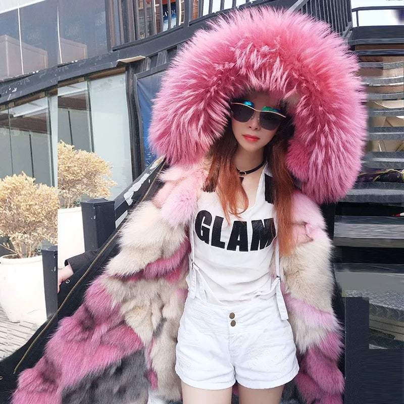 MAOMAOKONG Brand Long Winter Jacket Women Outwear Thick Parkas Natural Real Fox Fur Collar Coat Hooded Pink Female Clothing