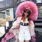 MAOMAOKONG Marken Lange Winterjacke Damen Oberbekleidung Dicke Parkas Natur Echtfuchsfellkragen Mantel Kapuze Rosa Weibliche Kleidung