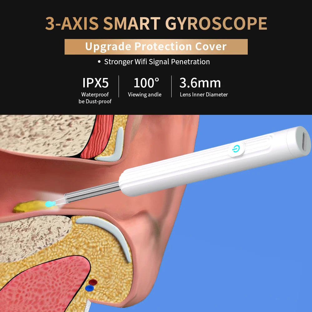 Ear cleaning tool with 3-axis smart gyroscope and protective cover, showing inner ear anatomy.