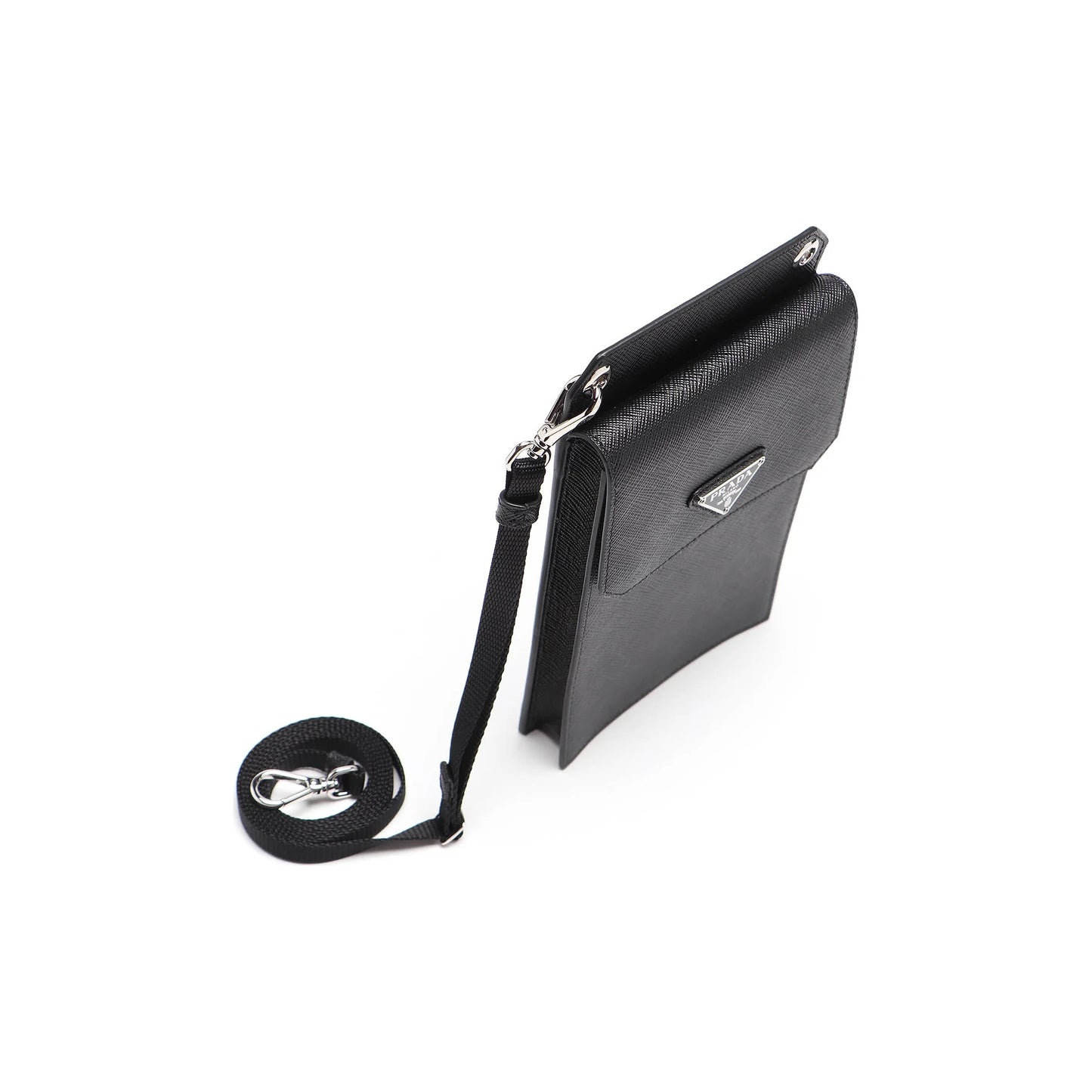 Black leather crossbody bag with a strap on a white background