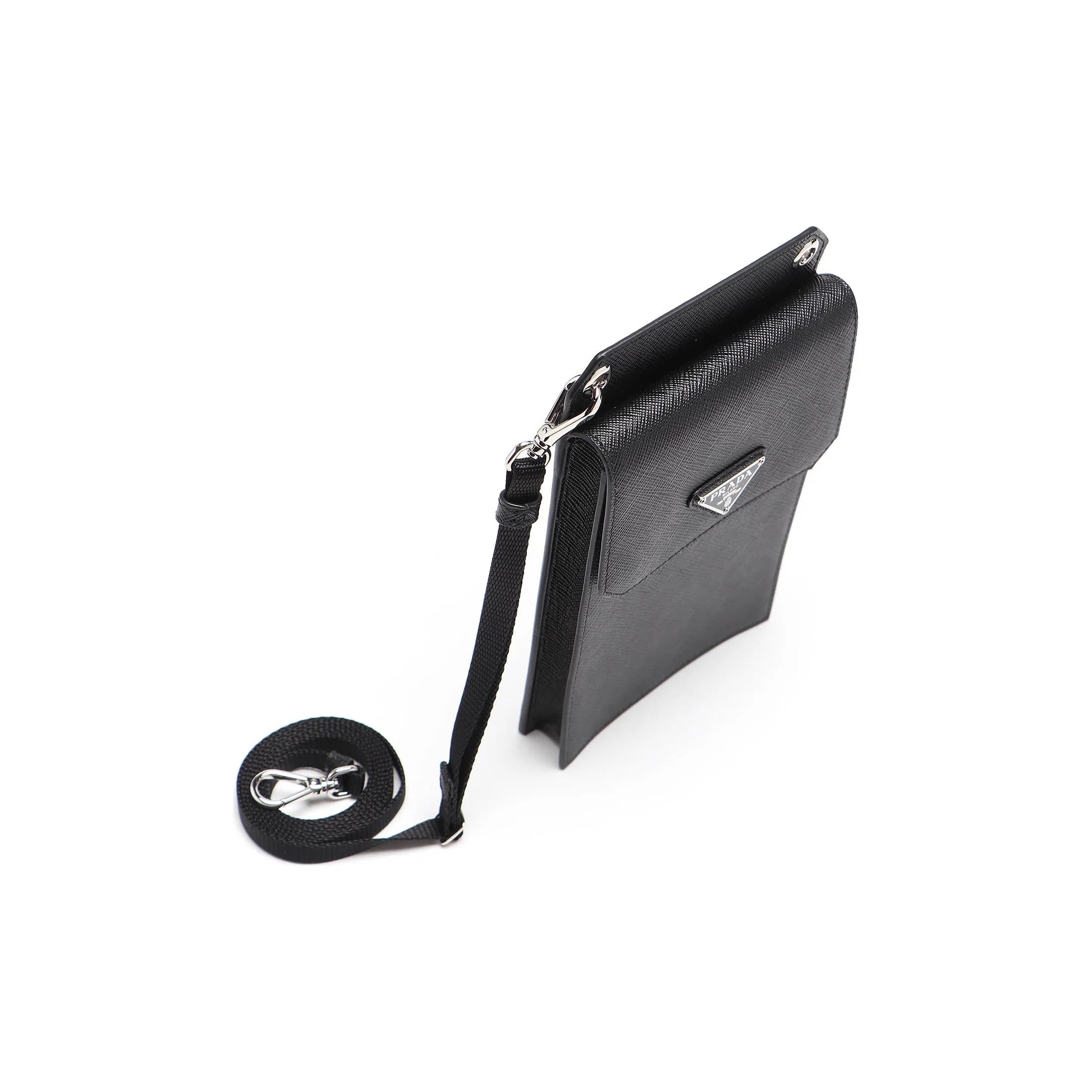 Black leather crossbody bag with a strap on a white background