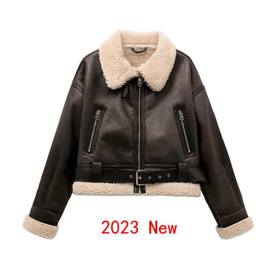 Women's Faux Shearling Jacket Vintage Belt Coat
