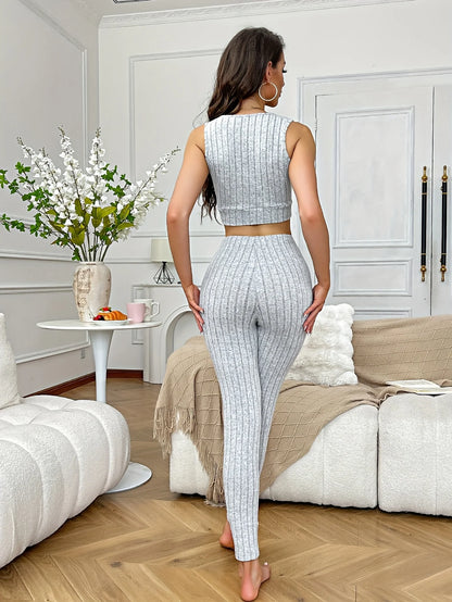 Women's Four-Season Pajamas, Simple V-Neck Short Slim-Fit Top, Sporty Short Tank Top and Long Pants Two-Piece Set, Can Be Worn Outside as Loungewear