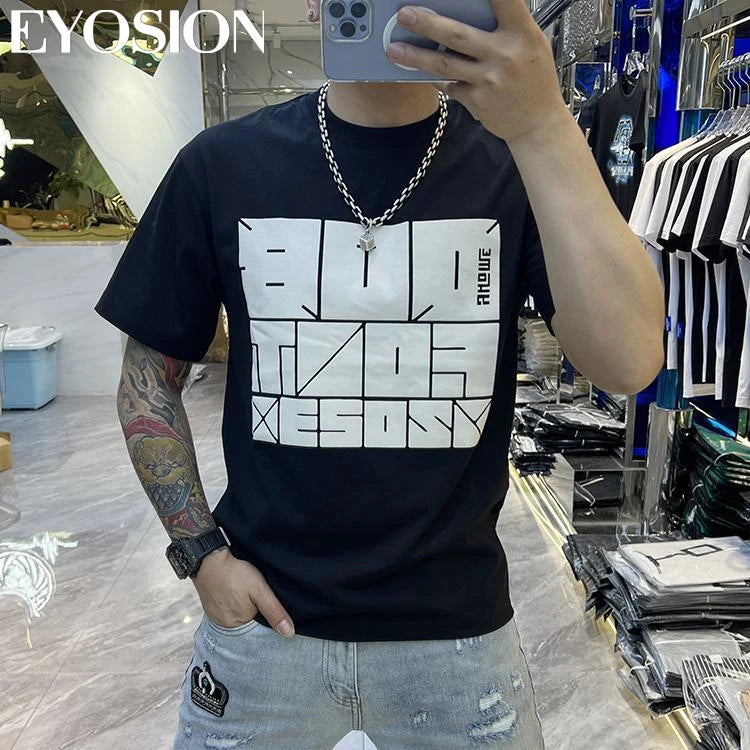 2023 Herren Sommer T-Shirt Sport Fitness Shirt Buchstaben bedruckt Rundhals Locker Koreanisch Halbarm Herren Freizeit Vielseitiges T-Shirt Top