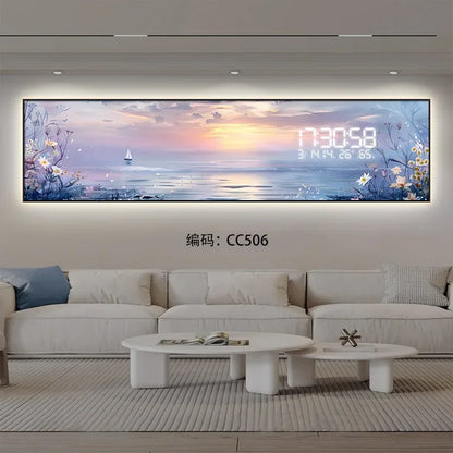 Digital clock with scenic display in a modern living room