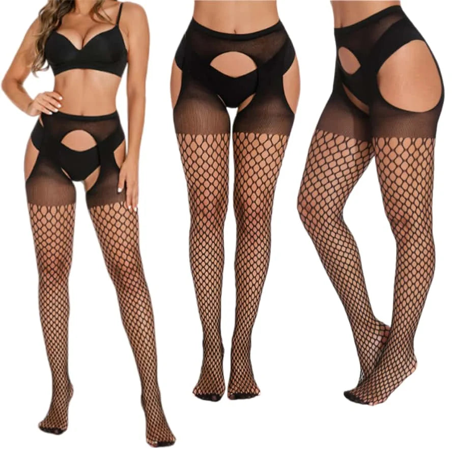 Women Fishnet Open Crotch Suspender Tights XXXL