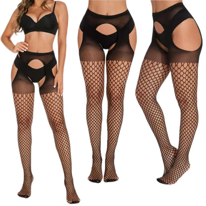 Women Fishnet Open Crotch Suspender Tights XXXL