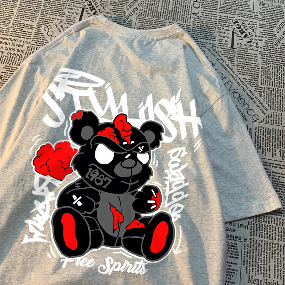 Explodierende schwarze Puppenbär-Männer-Frauen-T-Shirts Hochwertige Baumwolltops Sommer Locker T-Shirts Einfachheit Atmungsaktive Streetwear