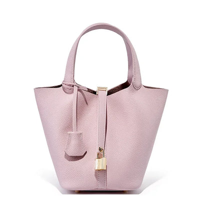 Genuine Leather Shoulder Bucket Bag Women Litchi Pattern Mini Basket Tote Soft Handbag Mommy Bride Wedding Bags with Lock