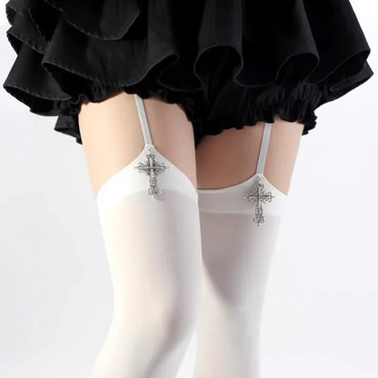Gothic Cross Suspender Thigh High Stockings for Women | Lolita Anime Cosplay Over Knee Socks