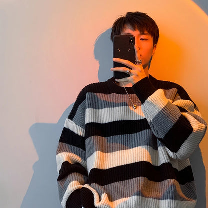 Men's Casual Loose Knitted Sweater Autumn Winter New Sle Lazy Faion Trend Stripe Knitwear Comfortable Base Layer Woolen S...