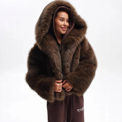 Women Faux Fur Short Coats Solid Hooded Jackets Long Sleeves Covered Button Thick Straight Office Lady Casual 2025 Autumn Winter