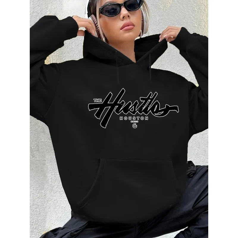 Herbst Winter Damen Locker Warm Houston Buchstabenmuster Wildleder Langarm Kapuzenpullover