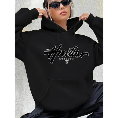 Herbst Winter Damen Locker Warm Houston Buchstabenmuster Wildleder Langarm Kapuzenpullover