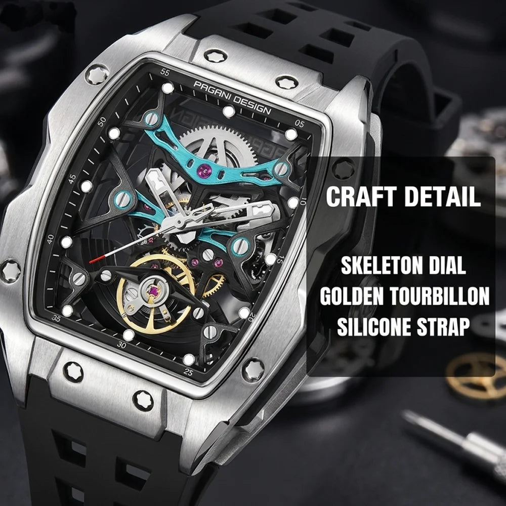 Luxury watch with skeleton dial and tourbillon mechanism on a dark background