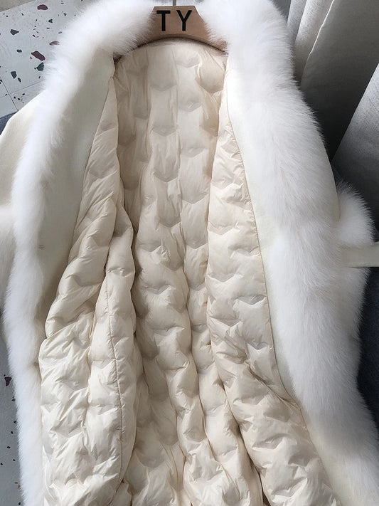 2025 Neue Winter Damen Natur Fuchspelzkragen Langer Weißgänse-Daunenjacke Wollmantel Warmer Mantel Dicke Luxuriöse Damenmäntel