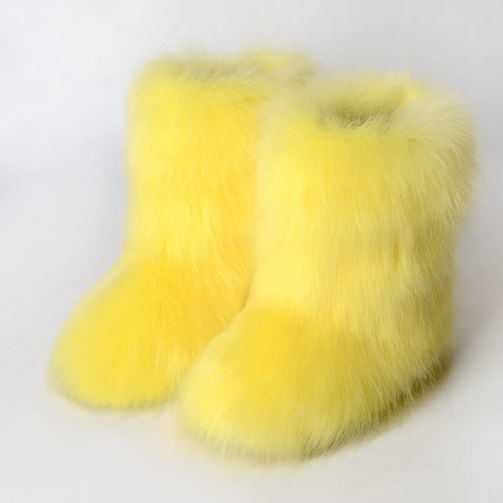 Women's Winter Snow Boots Outdoor Luxury Furry Faux Fox Fur Boots Woman Plush Warm Platform Shoes New Fashion Bottes Big Size 46
