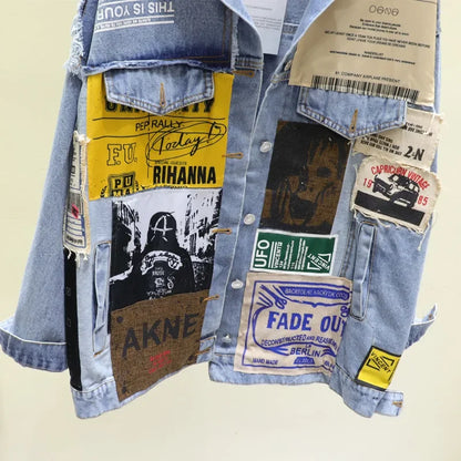 Women's Vintage Denim Jacket – Letter Print Casual