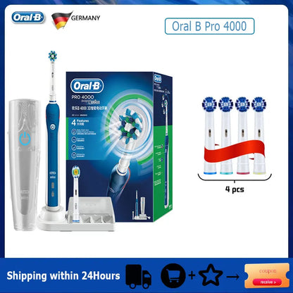 Oral B Elektrische Zahnbürste Pro 4000 3D-Reinigung Tägliche Reinigung Zähne Sichtbarer Andrucksensor 4 Modi Zahnfleischpflege Wasserdicht Wiederaufladbar
