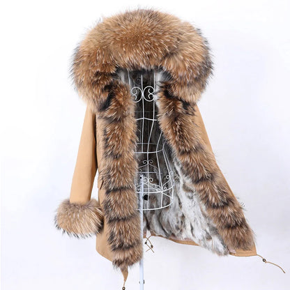 MAOMAOKONG Brand Long Winter Jacket Women Outwear Thick Parkas Natural Real Fox Fur Collar Coat Hooded Pink Female Clothing