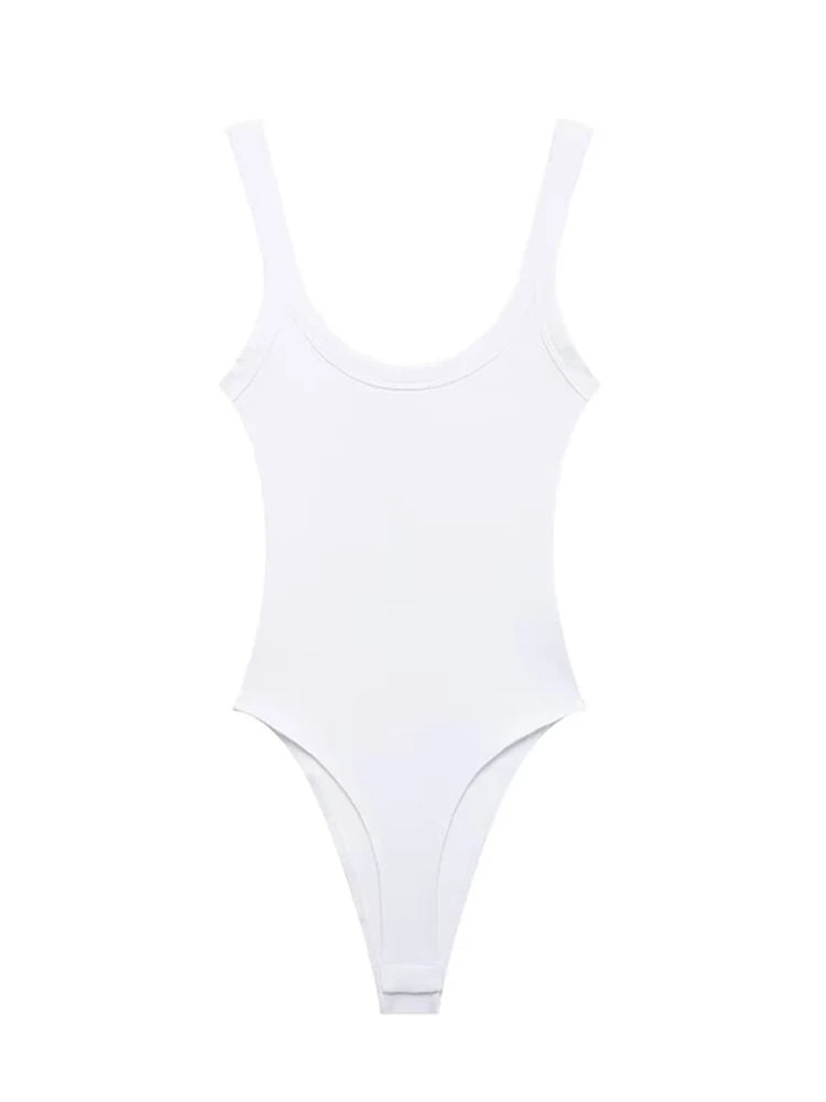 Women's Skinny Ribbed Bodysuits O Neck Straps Snap-Button Sexy Fashion Female Playsuits Comfortable Stretchy Clothing