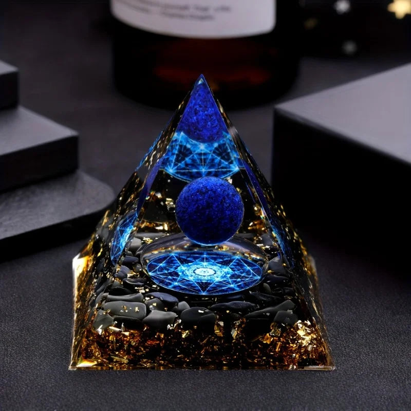 Lapis Lazuli Ball & Pyramid Crystal - Golden Base Decor