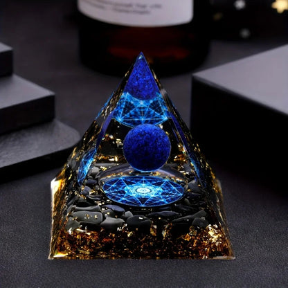 Lapis Lazuli Ball & Pyramid Crystal - Golden Base Decor