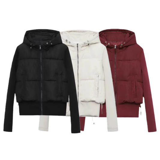 UNIZERA2025 autumn new women's casual fashion slim stretch fabric splicing cotton coat warm hooded cotton coat