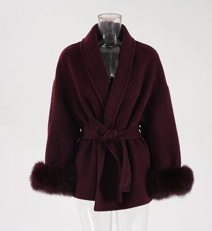 UCXQ Eleganter OL Business-Mantel Pelz-Patchwork Langarm Wollmantel Schöne Damenbekleidung Jacke Herbst 2025 Winter