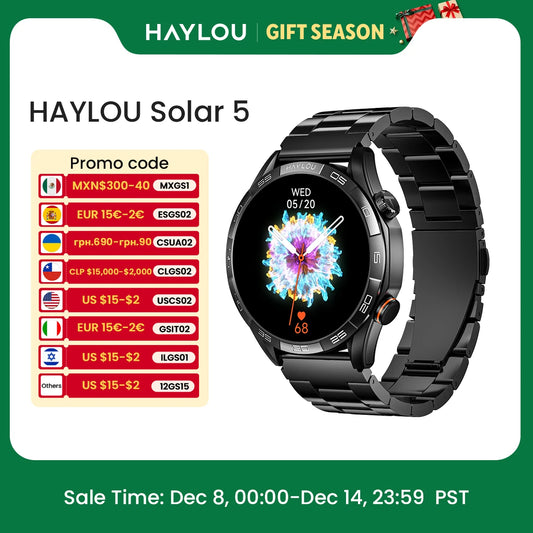 Haylou Solar 5 smartwatch with promotional pricing on a green background