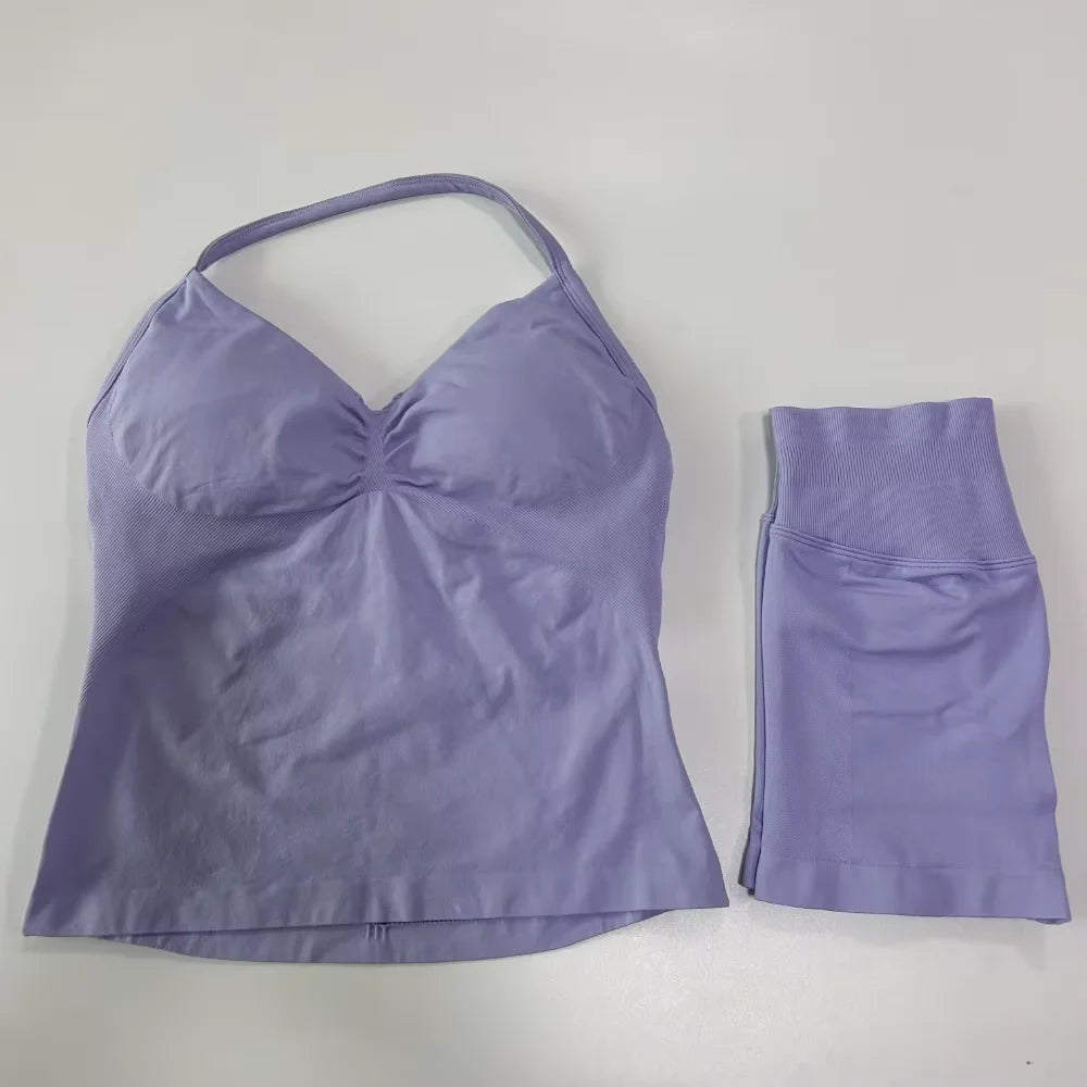 2Pcs Impacts Gym Set Tank Tops High Waist Scrunch Seamless Shorts Gym Suit Fitness Clothes Activewear Workout