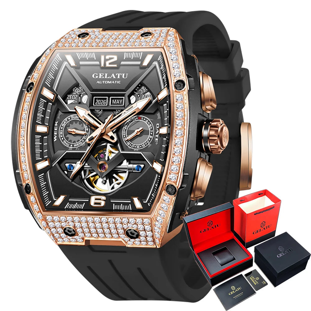 Luxury watch with rose gold and black design, displayed with packaging on a white background.