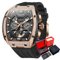 Luxury watch with rose gold and black design, displayed with packaging on a white background.