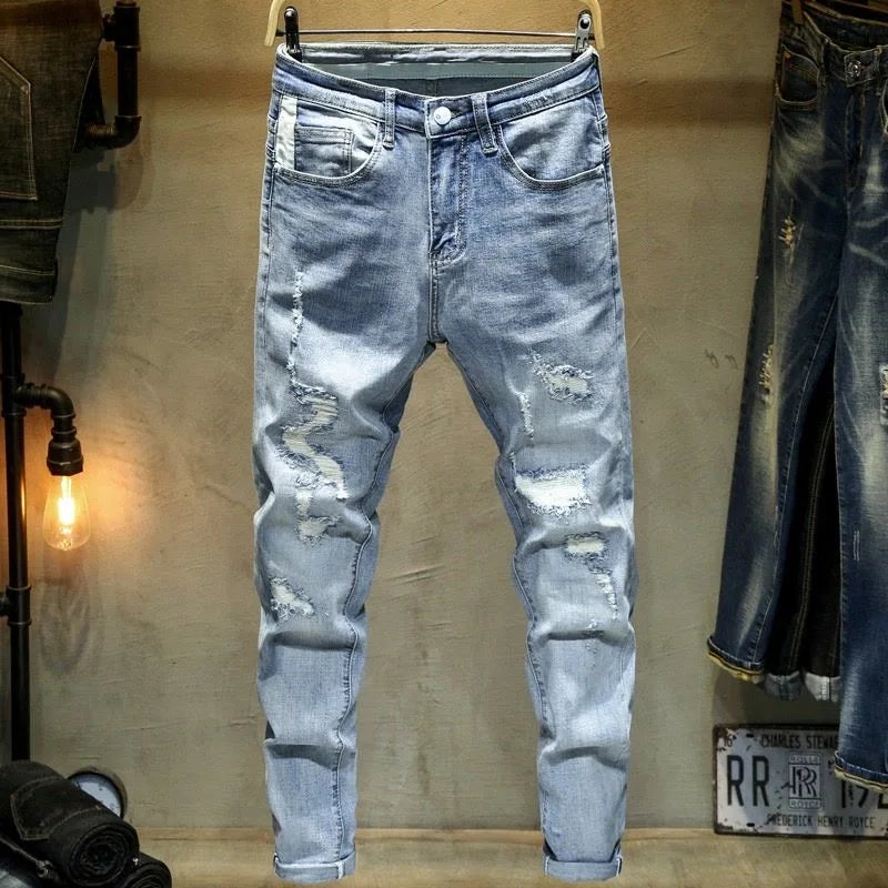Solid Color Perforated Straight Leg Elastic Jeans Men's Casual High-Quality Jeans