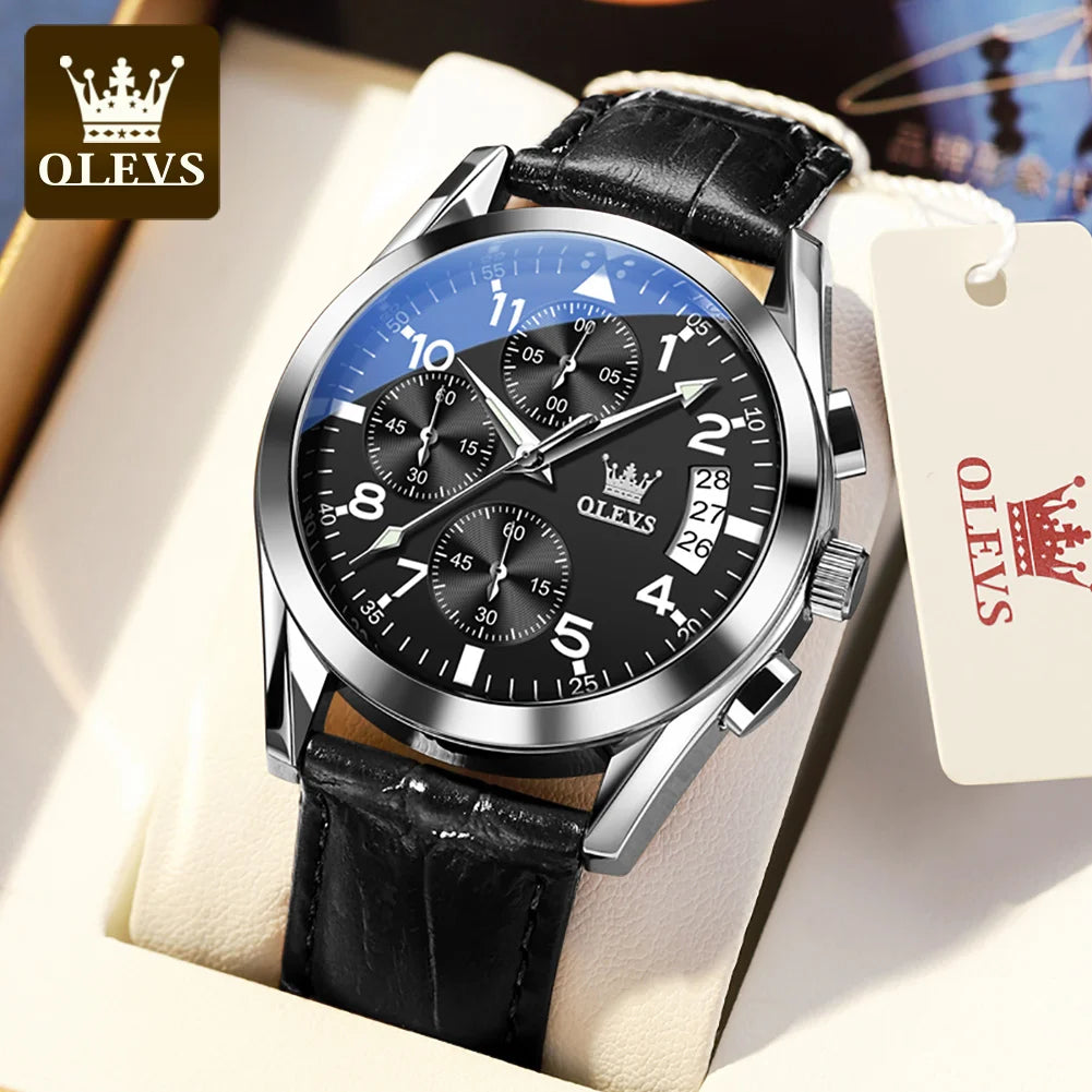 OLEVS Quartz Watch for Men Original Leather Strap Date
