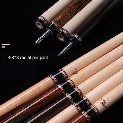 Pool cues with a 3-8*8 radial pin joint on a black background