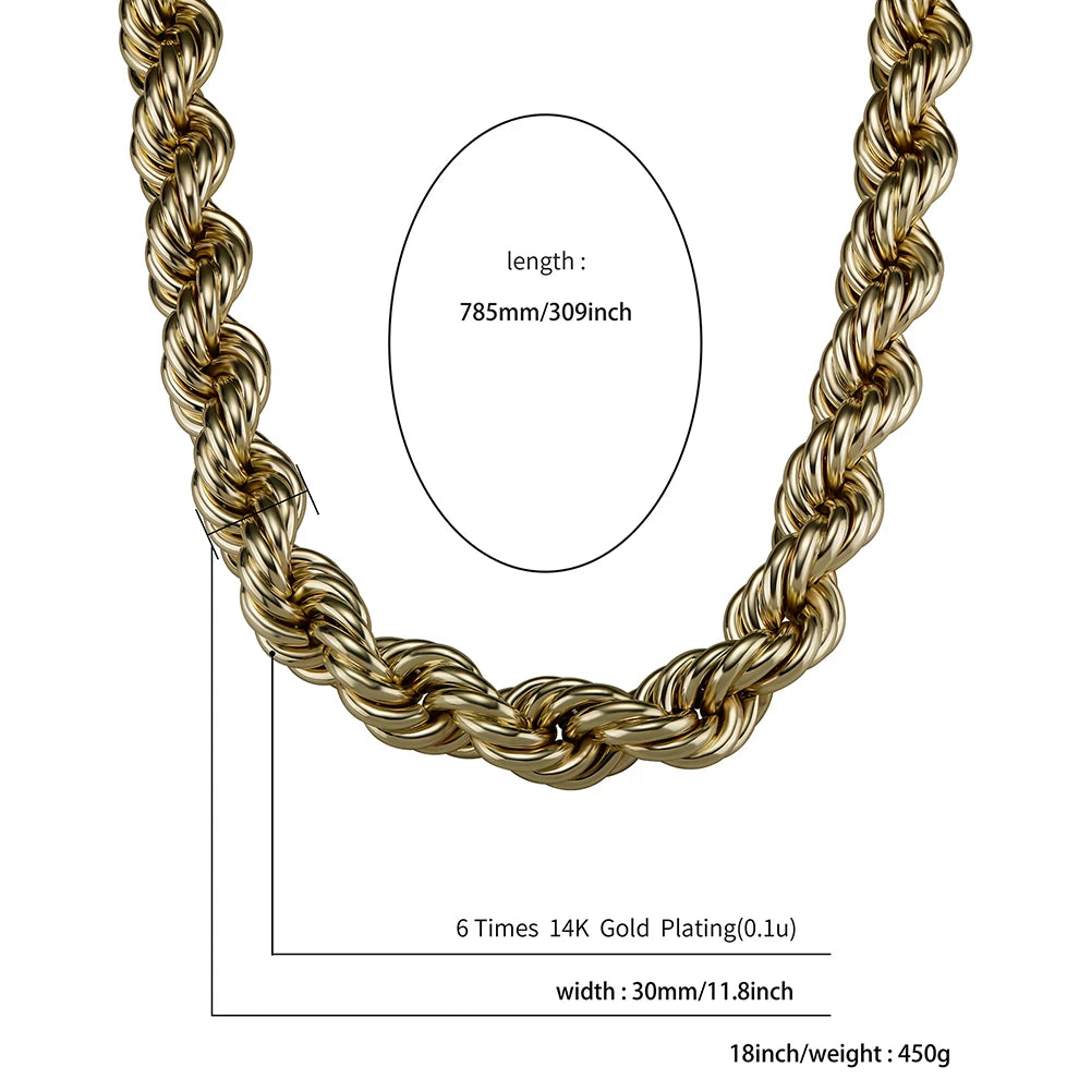 New 30MM Rope Chain Stainless Steel Mens Luxury Necklace Hip Hop Heavy Metal Punk Jewelry 30" for Party Gift