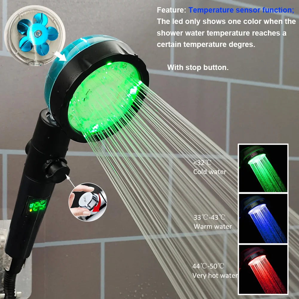 Hochdruck-LED-Duschkopf, Ein-Knopf-Stopp, digitaler Bildschirm, schwarzer Handbrause-Duschkopf mit Temperatursensor