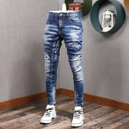 Fashion Streetwear Herren Jeans Retro Schwarz Blau Elastisch Slim Fit Ripped Jeans Herren Spleiß Designer Stickerei Hip Hop Denim Hose
