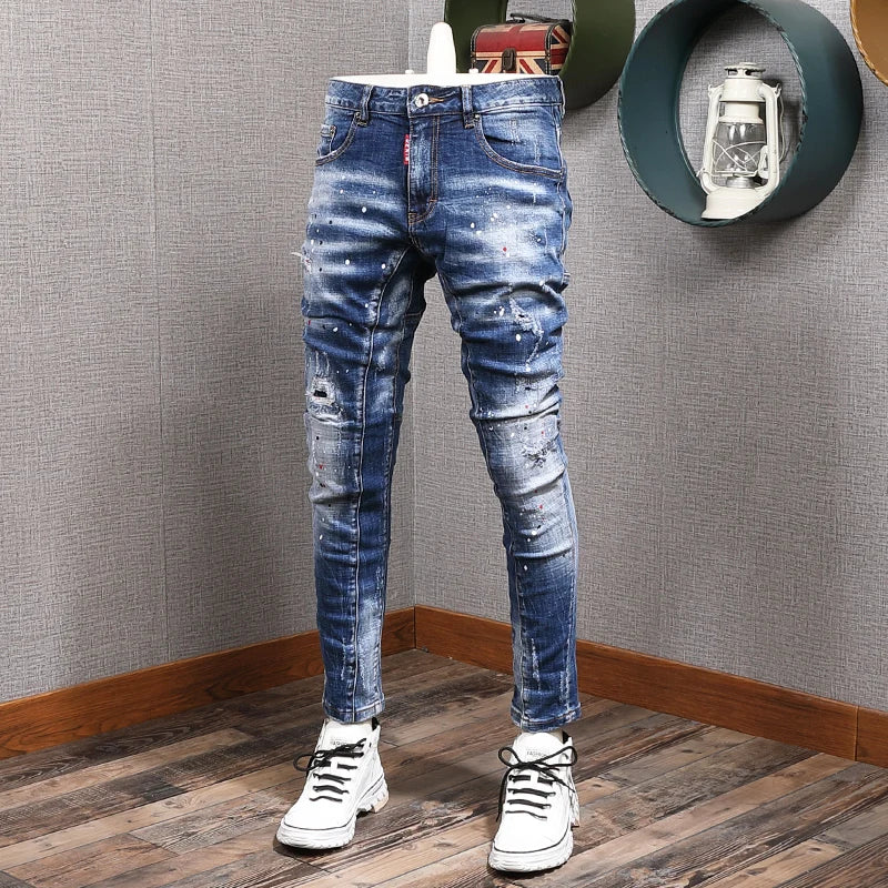 Fashion Streetwear Herren Jeans Retro Schwarz Blau Elastisch Slim Fit Ripped Jeans Herren Spleiß Designer Stickerei Hip Hop Denim Hose