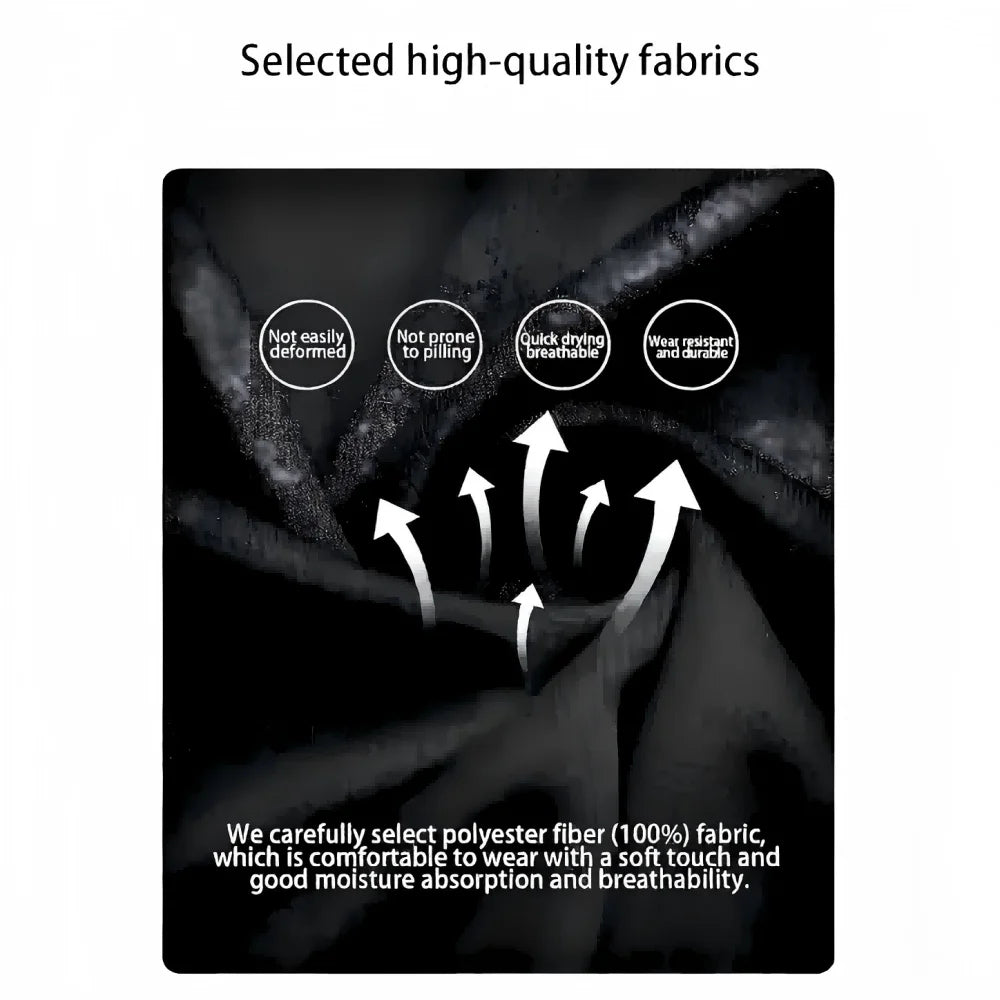 Text on high-quality fabric with features like not easily deformed, not prone to pilling, quick drying, and good moisture absorption.