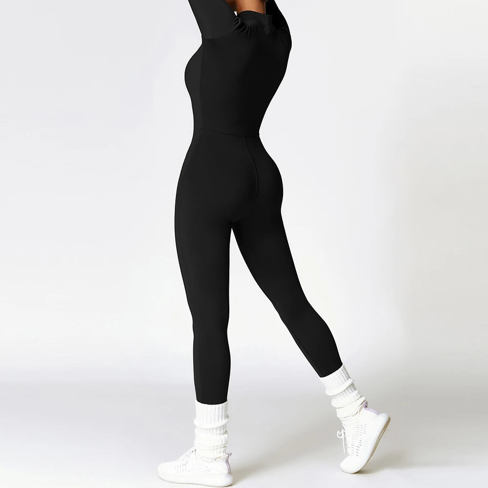 Zipper Winter Fleece Yoga Jumpsuits for Women Bodysuit Longsleeve Sport Overalls Fitness One-Piece Suit Gym Workout Tracksuit
