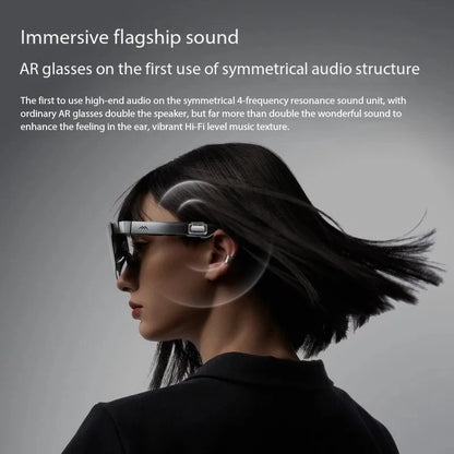 Person wearing AR glasses with text about immersive flagship sound and symmetrical audio structure.