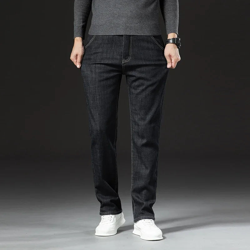 Men Jeans Winter Lamb Fluff Denim Straight Pants Thicken Big Size Jean High Waist Stretch Jeansy Fleece Lined Warm Slim Vaqueros