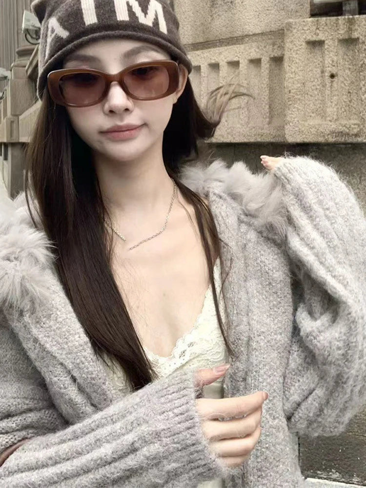 Women's Knit Cardigan With Faux Fur Collar Fashion Long Sleeve Single Breasted Sweater Coat Lady 2026 Spring Chic Streetwear